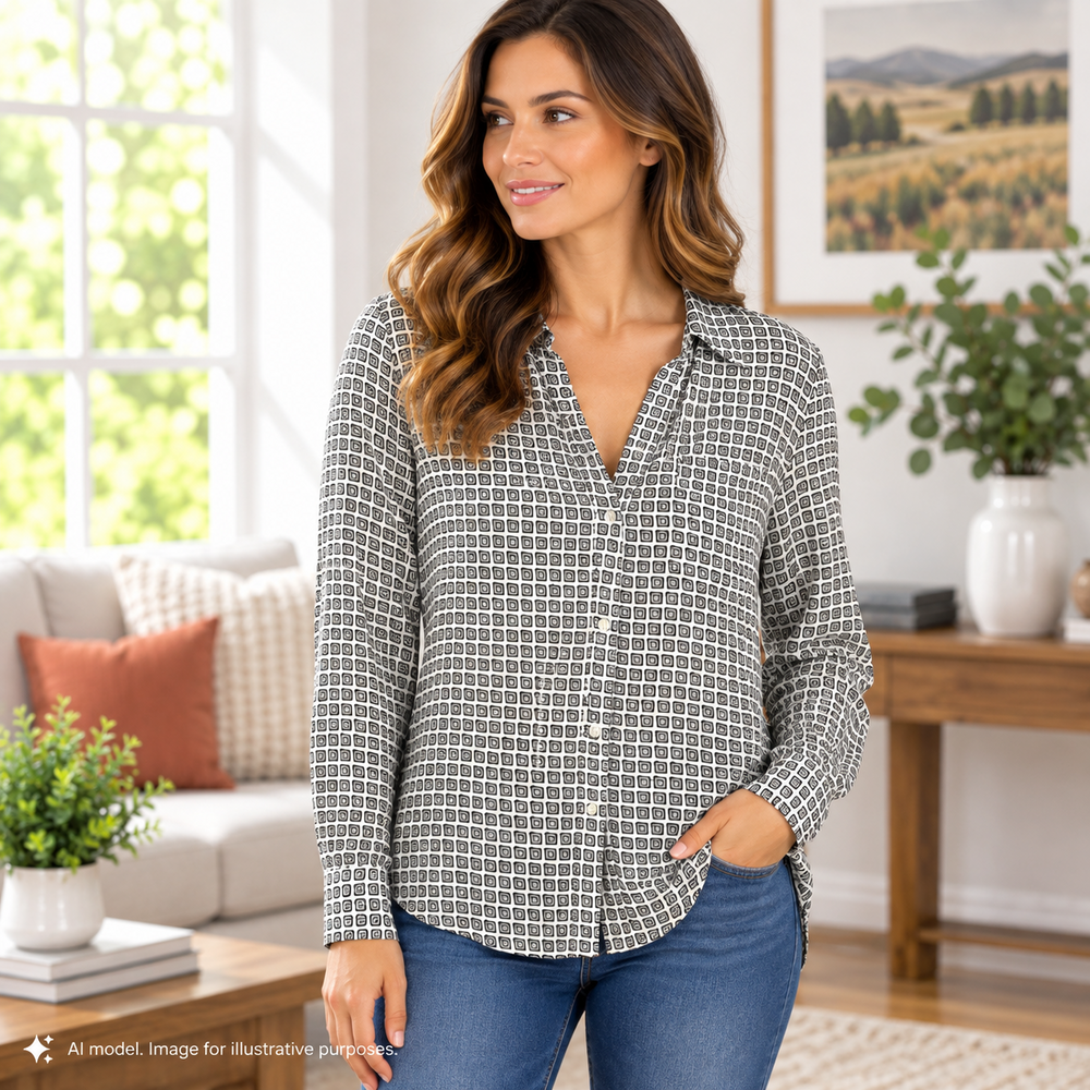 Express Portofino Shirt Women XS Black White Geo Print Flowy Career Pockets